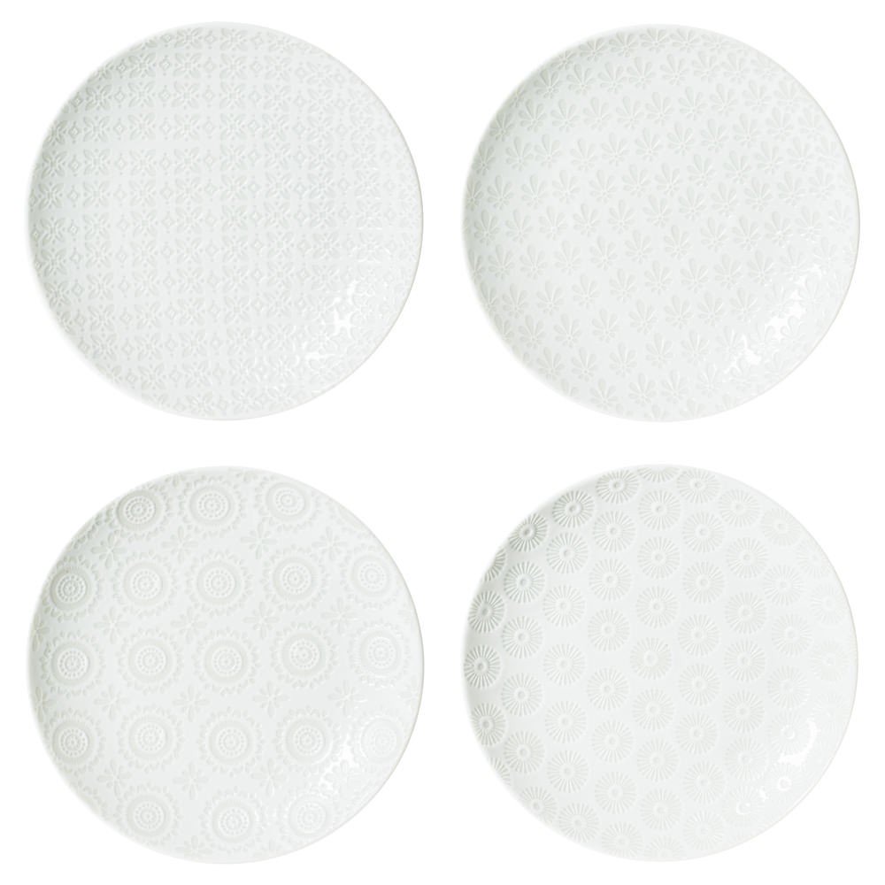 Snow - Coffret 4 assiettes à dessert  blanches en porcelaine  motifs assortis