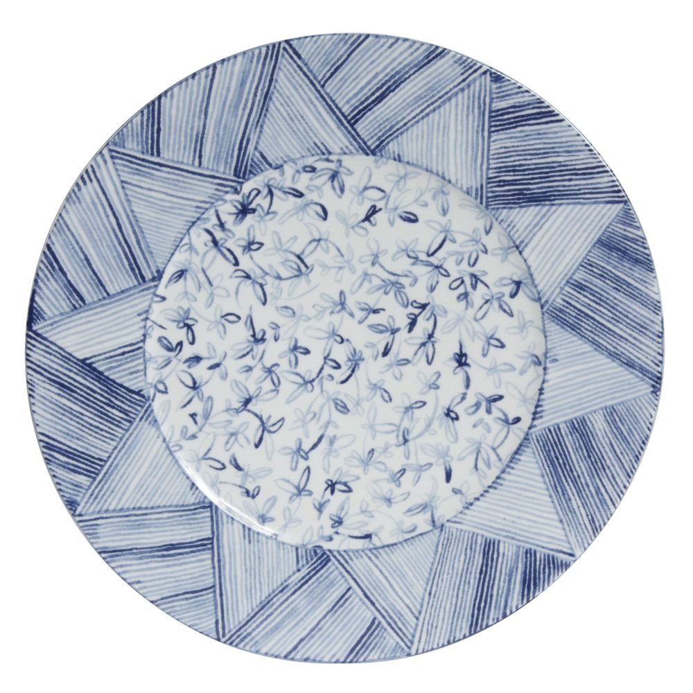 Calli -Plat rond  bleu et blanc pinceaux 