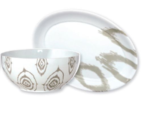 Ikat - plat ovale en porcelaine decoré etnic greige