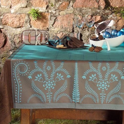 Volga - Nappe jacquard dessin placé, choco-turquoise, carrée
