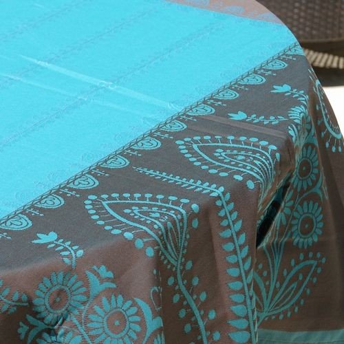 Volga - Nappe jacquard dessin placé, choco-turquoise, carrée